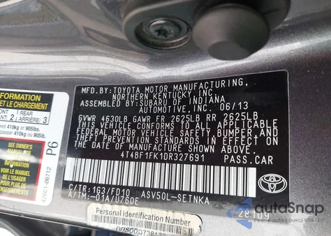 2013 Toyota Camry Le из США, поврежденный, VIN 4T4BF1FK1DR327691